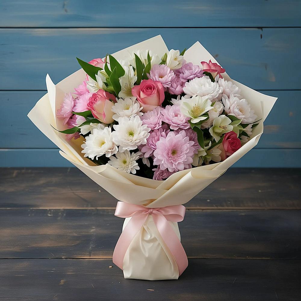 Букет цветов из: Хризантемы, Альстромерии и Розы в Спасск-Дальнем